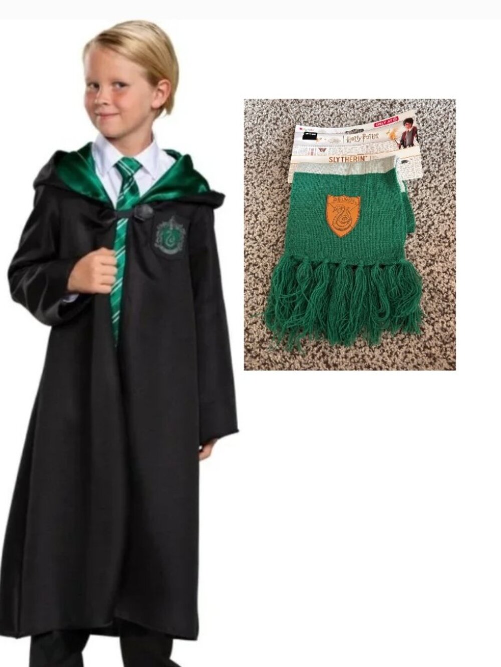 Harry Potter Slytherin Robe & Scarf Halloween Costume 4/6 Black Green Hooded - Picture 1 of 9